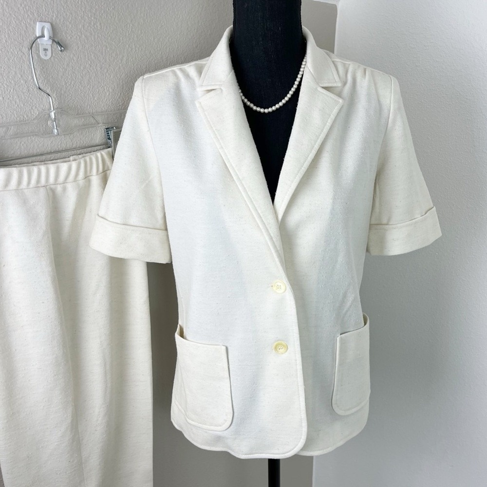 Retro Vintage Power Suit White 70s Wide Leg Pantsuit Short Sleeve Jacket Blazer